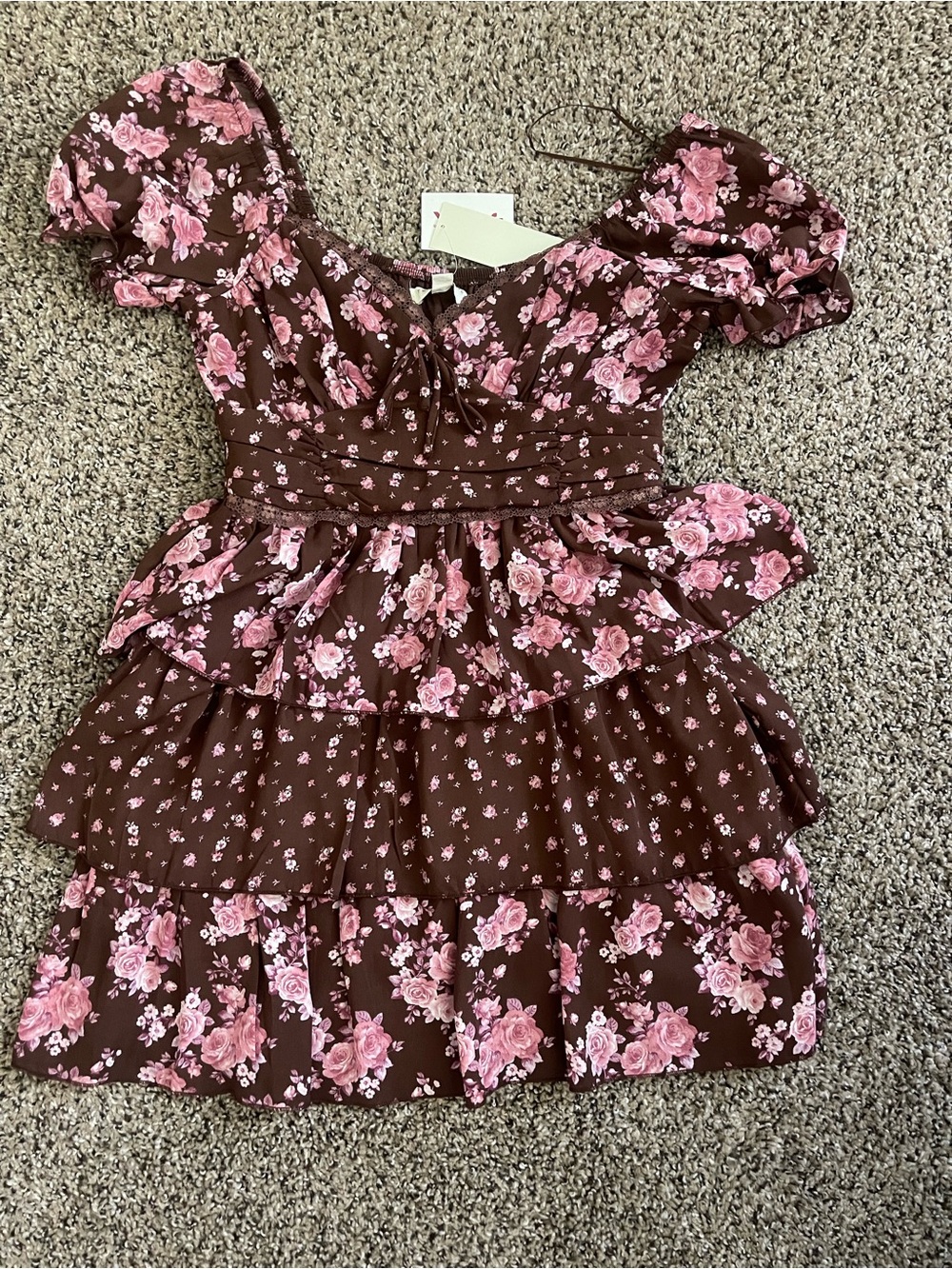 Brown & Pink Floral Ruffle Dress